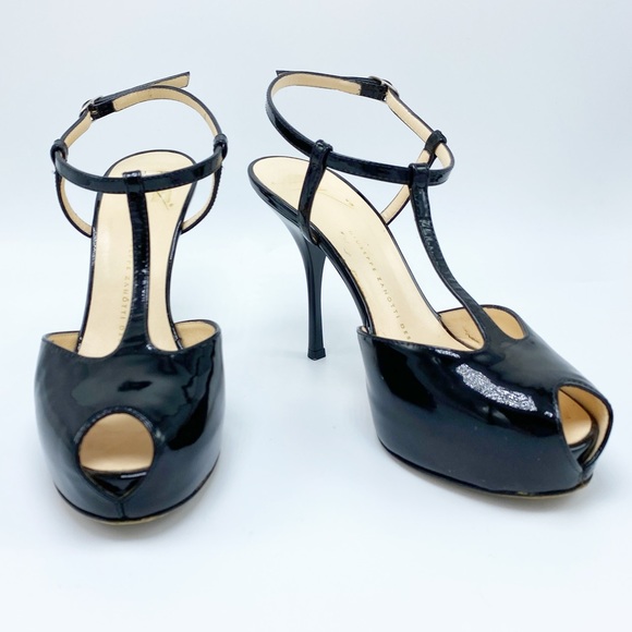 Giuseppe Zanotti size 37 Classic Black Patent Leather Peep- Toe Platform Sandal - Picture 5 of 10